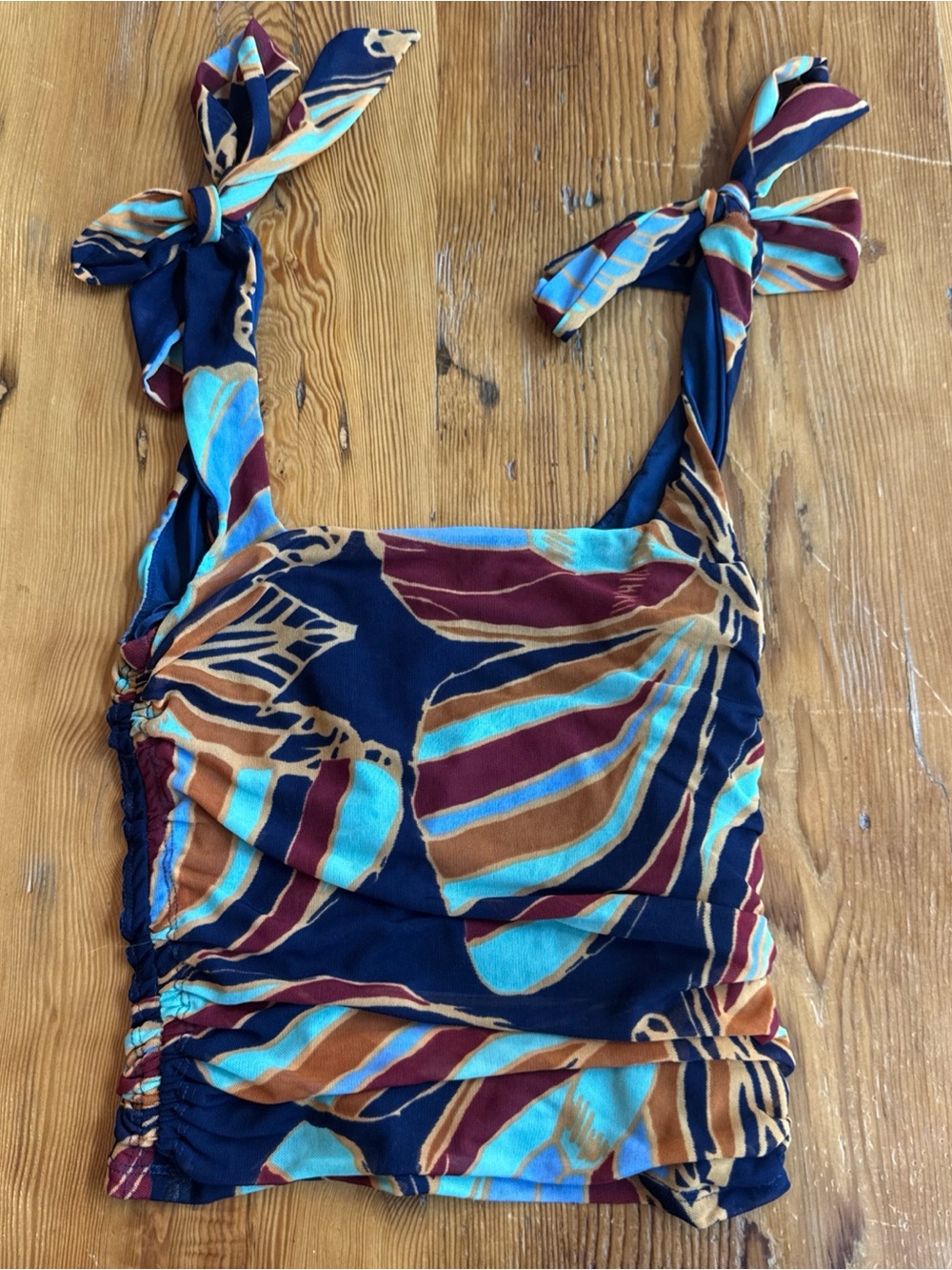 XS Free People Avenue Tank Top Ruched Side Shoulder Tie Print Multi Color EUC